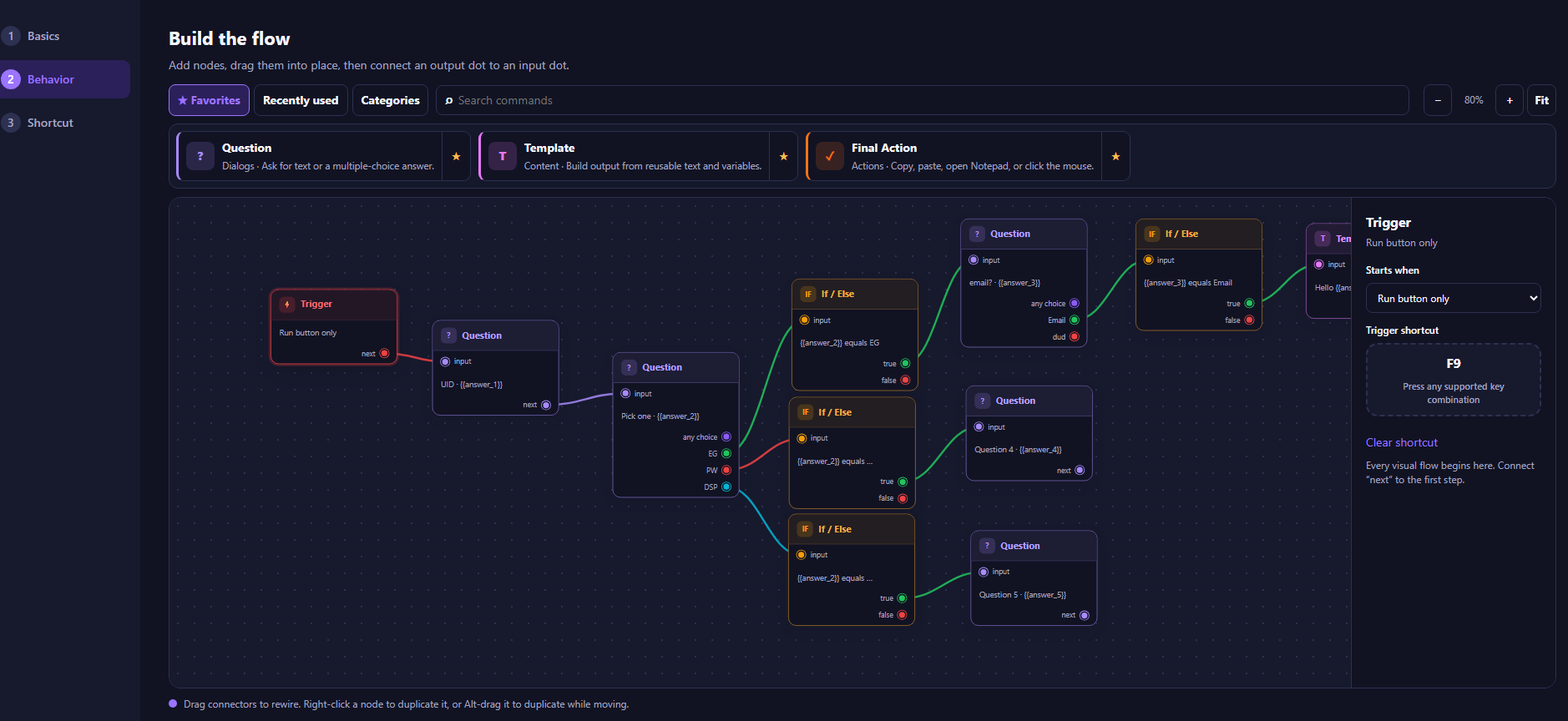 TessNode visual workflow builder showing connected Trigger, Question, If / Else, and Template nodes